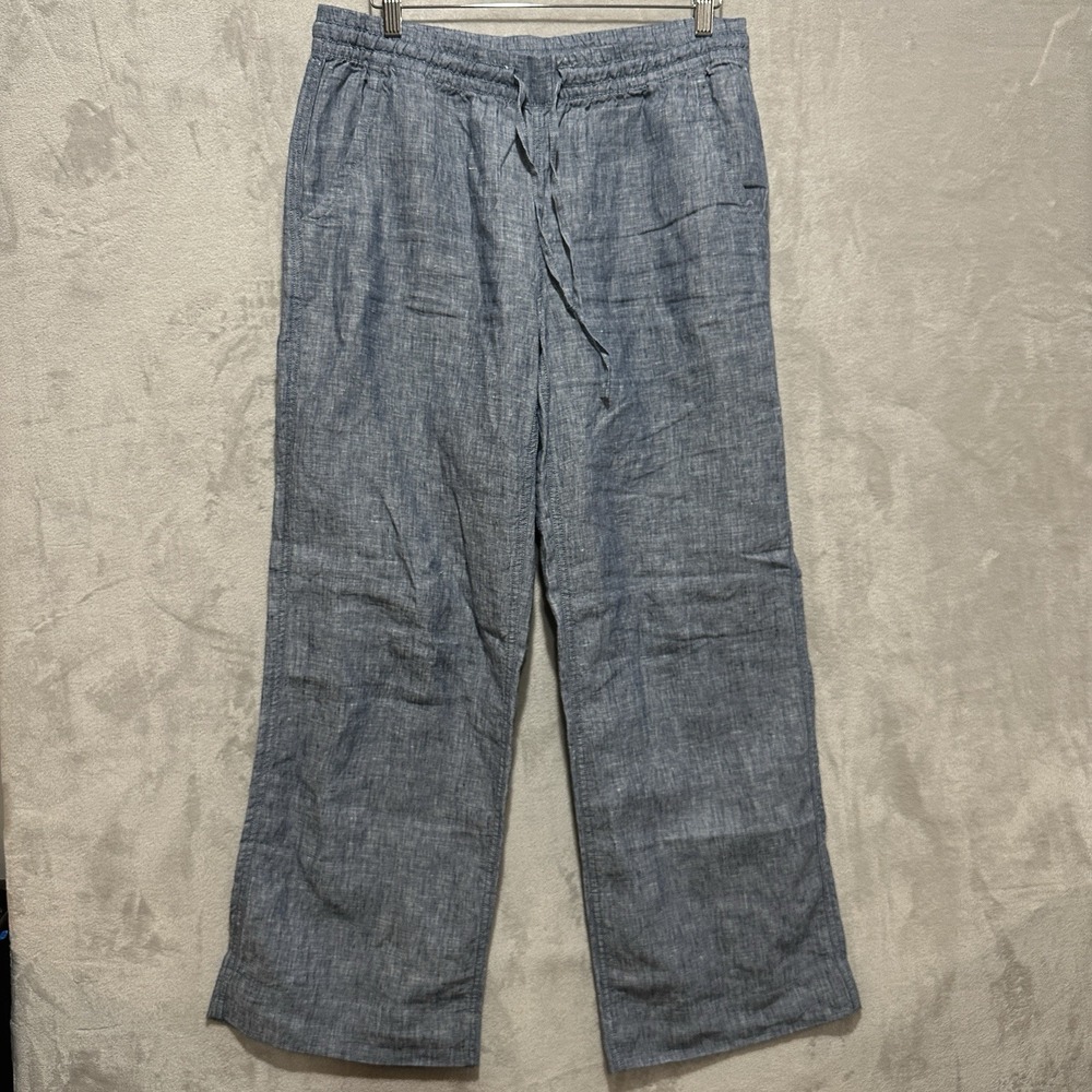 L.L. Bean Women's Blue Pants Size 12 100% Linen Drawstring Elastic Waist